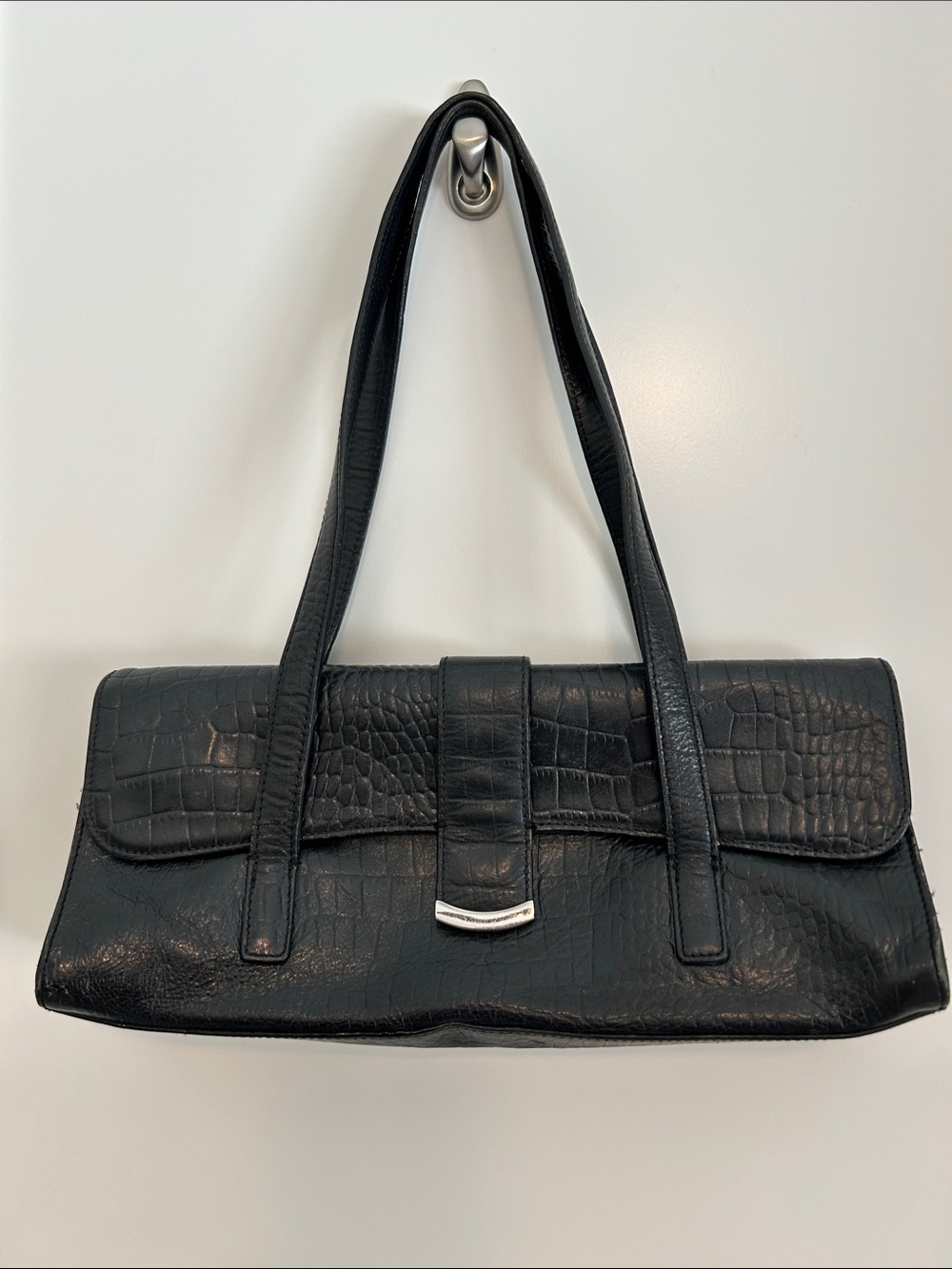 Croc-Embossed Baguette Shoulder Bag